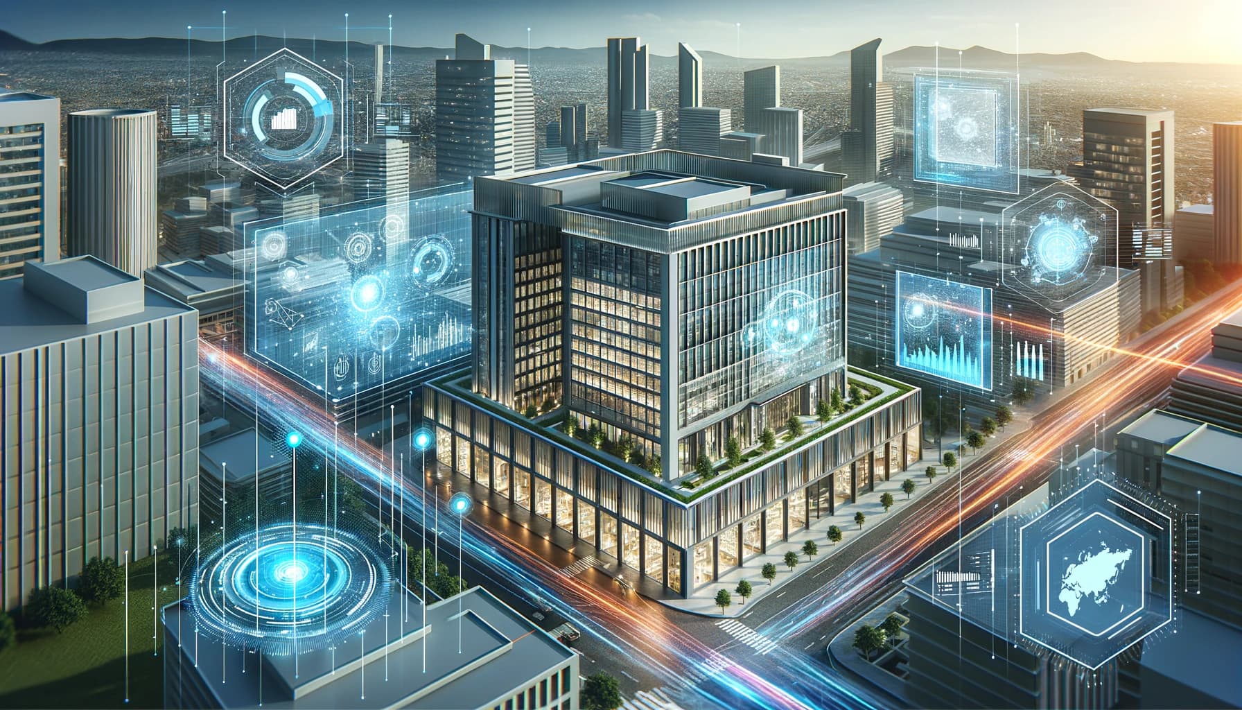 Modern smart-building interface showing environmental data for office spaces.