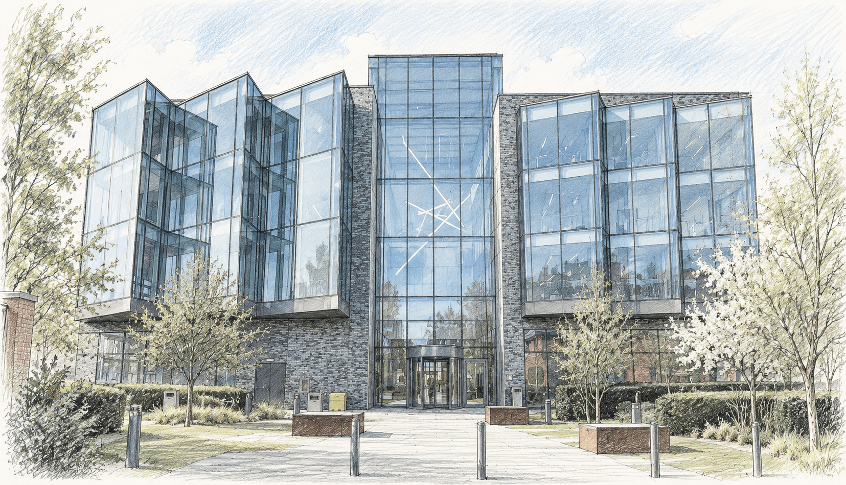 Pencil-style architectural illustration of the Bright Building in Manchester.