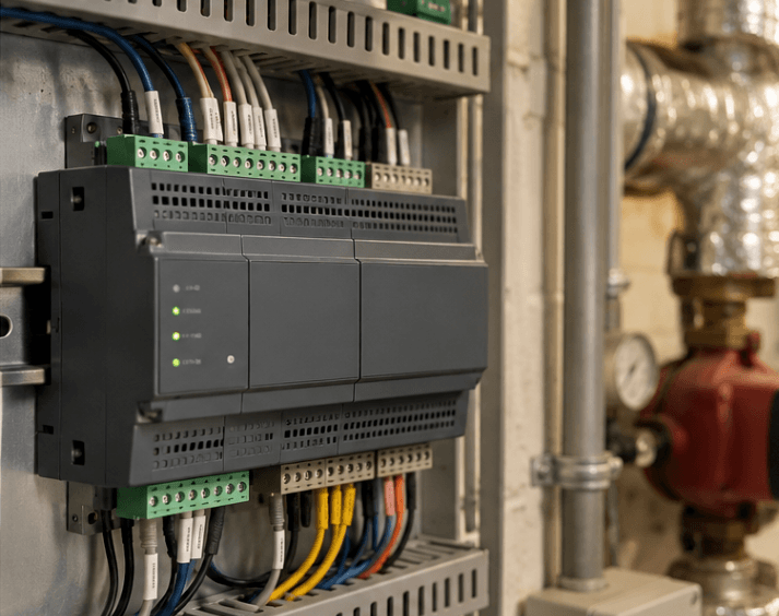 Building management system controller installed within an existing building-services environment.