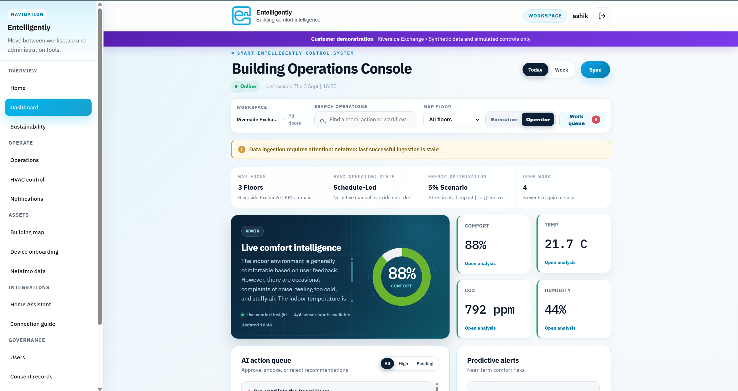 Entelligently V2 Building Operations Console showing live comfort intelligence alongside temperature, CO₂, humidity, AI-recommended actions and predictive alerts.