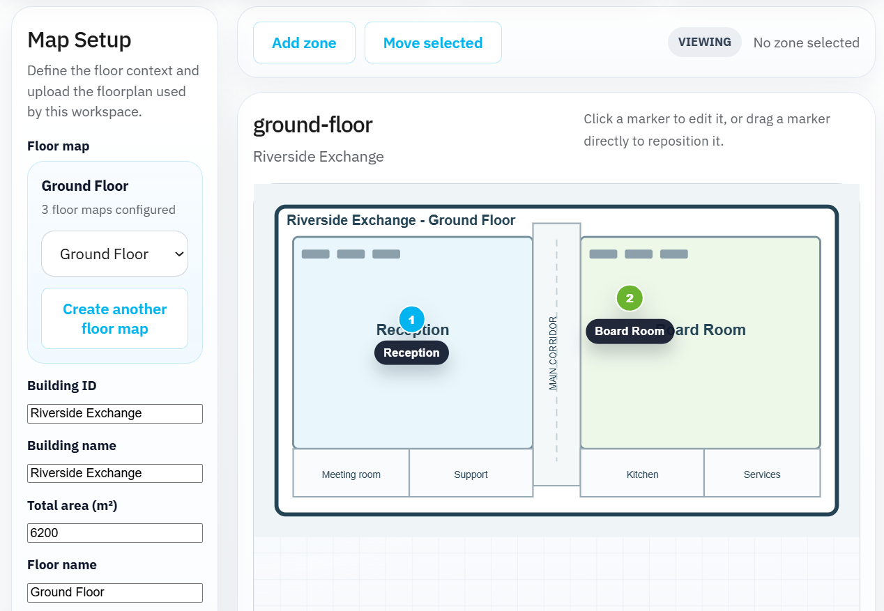 Entelligently V2 map setup screen showing a ground-floor plan divided into zones including reception and board room, with controls for configuring the building and floor.